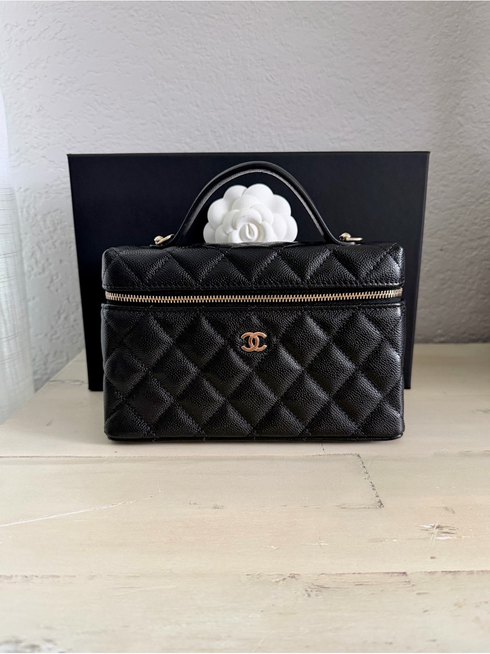 CHANEL Black Quilted Leather Vanity Crossbody Bag with Gold Hardware